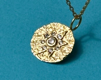 14k Solid Gold Sunburst Necklace, Minimal Ancient Sun Charm, Gold Summer Jewelry