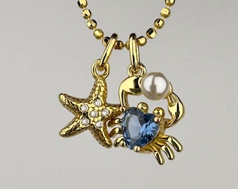 Crab and Starfish with a Pearl Necklace, 925 Sterling Silver Blue Crab Pendant, Ocean Jewelry