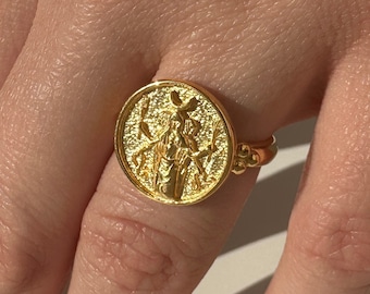 Witchy Greek Goddess Hecate Ring, Solid 925 Sterling Silver Adjustable Triple Moon Goddess Jewelry