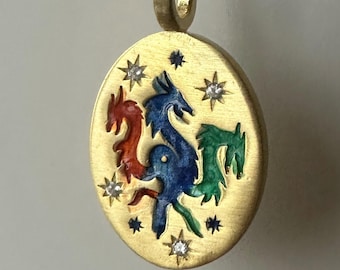 Dragon Painting Charm Necklace, 14k Gold Plated 925 Sterling Silver Dragon Tattoo Pendant