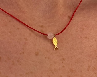 Little Gold Fish Red String Necklace, 925 Sterling Silver Tiny Fish Pendant, Ocean Charm with Natural Gemstones