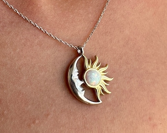 Sun and Moon Necklace, 925k Sterling Silver Sun and Moon Love Necklace, Opal Gemstone, Minimal Sun and Crescent Pendant, Celestial Necklace