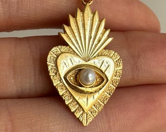 Pearl Sacred Heart Necklace, 925 Sterling Silver Evil Eye Amulet Pendant