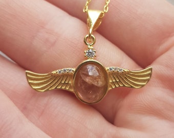 Sterling Silver Angel Wings Necklace: Tourmaline Protector Talisman