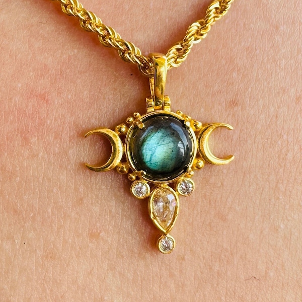Labradorite Triple Moon Necklace, 925 Sterling Silver Witchy Goddess Hecate Necklace