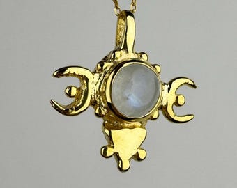Moonstone Triple Moon Goddess Necklace: Sterling Silver Hecate Pendant