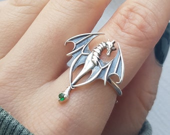 Sterling Silver Dragon Ring, Green Zircon, Adjustable Mythological Jewelry