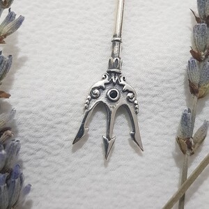 POSEIDON&#39;S TRIDENT NECKLACE 925 Sterling Silver, God of Sea, Trident Pendant, Ancient Greek God Silver Jewelry, Black Zircon, Gift For Him
