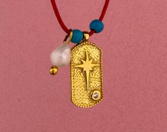 North Star Charm Necklace, 925 Sterling Silver Pole Star Pendant with Red String, Blue Beaded Pearl Jewelry