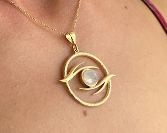 Eye of RA Necklace with Moonstone, 14k Gold Vermeil 925 Sterling Silver Eye Amulet