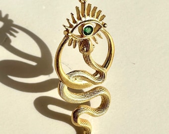 Snake Eye Necklace, 925 Sterling Silver, Green Eye Amulet Necklace, Serpent Talisman Pendant, Evil Eye Snake Protection Charm, Gift for Her