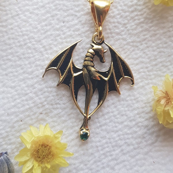 GOLD DRAGON NECKLACE 925 Sterling Silver, Mythologic Dragon Pendant with Gemstone, Unisex Dragon Jewelry, Gift For Her, Gift For Him, Gothic