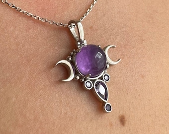 Amethyst Triple Moon Necklace, 925 Sterling Silver Goddess Hecate Pendant