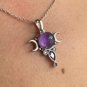 Amethyst Triple Moon Necklace: 925 Sterling Silver Goddess Hecate Pendant