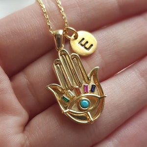 Hamsa Amulet Necklace, 925 Sterling Silver Hand Talisman Charm, Custom Hamsa Letter Pendant
