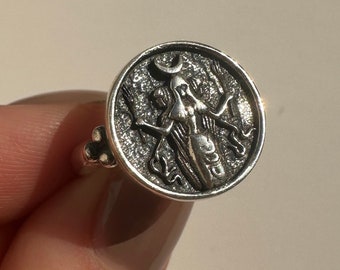 Witchy Greek Goddess Hecate Ring, Solid 925 Sterling Silver Adjustable Triple Moon Goddess Jewelry
