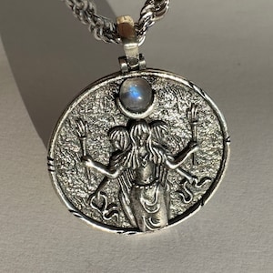 GODDESS HECATE Necklace with Moonstone, 925 Sterling Silver Ancient Greek Goddess Pendant, Witchy Triple Moon Goddess Necklace, Trivia Charm
