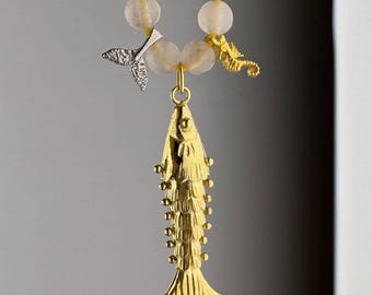 Ocean Fish Charm Necklace, 925 Sterling Silver Lucky Yellow String Pendant