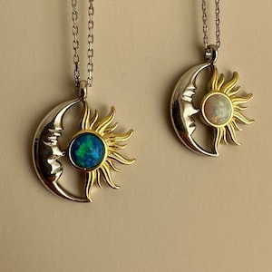 Sun and Moon Necklace, 925 Sterling Silver Sun and Moon Love Necklace, Opal Moon Charm, Minimal Sun and Crescent Pendant, Celestial Necklace
