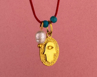 Hamsa Hand Charm Necklace, 925 Sterling Silver Evil Eye Pendant with Red String, Blue Beaded Pearl Charm, Protective Amulet