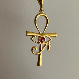 Minimal Ankh Necklace, 14k Gold Vermeil Eye of Horus Ankh Pendant, Egyptian Mythology Jewelry