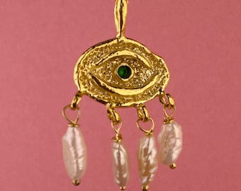 Celestial Eye Necklace, 925 Sterling Silver Mesopotamian Eye Pendant, Pearl Drop Talisman, Ancient Protective Amulet, Mythology Jewelry
