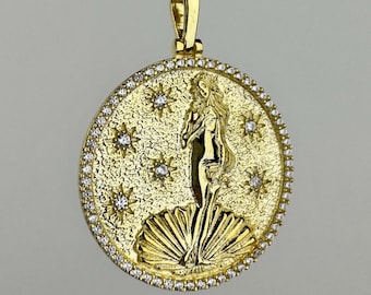 Birth of Venus Necklace, 925 Sterling Silver Goddess Aphrodite Medallion Pendant, Mythological Jewelry