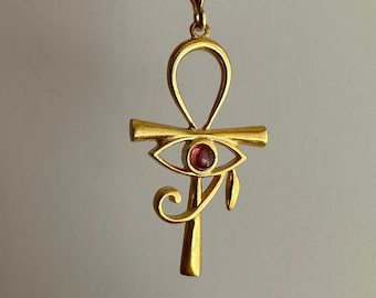 Minimal ANKH Necklace, Modern Eye of Ra Pendant, Ankh with Eye of Horus, Mythological Jewelry, Key of Life, Gold Symbol Charm, Gift for Her