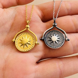 Sun and Moon Fidget Necklace, 925 Sterling Silver Day and Night Spinner Pendant