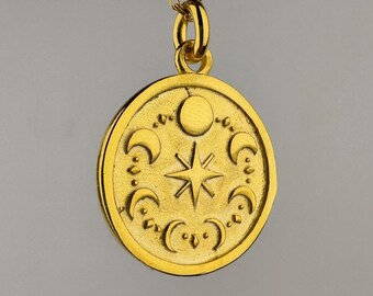 Collier Phases de la Lune Double Face, Breloque Triple Lune Déesse en Argent Sterling 925, Pendentif Hécate, Étoile Sirius