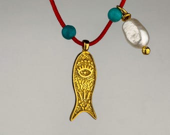 Fish Amulet Necklace with Red String, 925 Sterling Silver Little Evil Eye Fish Pendant, Baroque Pearl Ocean Charm