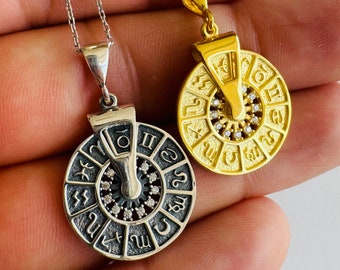 925 Sterling Silver Birth Chart Necklace, Rotating Zodiac Calendar Pendant