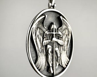Archangel St. Michael Necklace, Solid 925 Sterling Silver Protector Guardian Angel Amulet Pendant