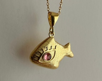 Fish with an Eye Necklace, 925k Sterling Silver Fish Pendant, Little Eye Necklace, Tourmaline Eye Charm, Gold Pisces Necklace, Gift for Her