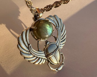 Labradorite Scarab Necklace, 925 Sterling Silver Ancient Egyptian God Khepri Talisman, Mythological Amulet Pendant, Gemstone Necklace