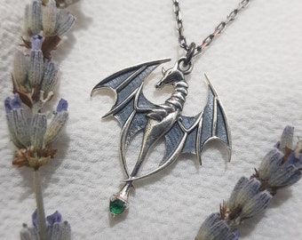 DRAGON NECKLACE, 925 Sterling Silver Viking Dragon Pendant with Gemstone, Dragon Charm, Unisex Dragon Jewelry, Gift For Her, Gift For Him