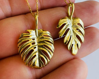 Monstera Leaf Necklace, 14k Gold Plated 925 Sterling Silver Plant Leaf Pendant