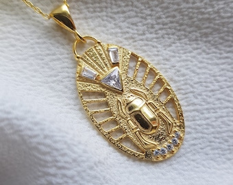 Egyptian Scarab God KHEPRI Necklace, 925 Sterling Silver Mythological Pendant