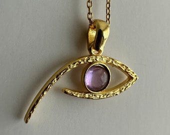 Amethyst Eye of Horus Necklace, 14k Gold Plated 925 Sterling Silver Minimal Eye Amulet