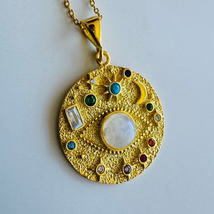 EYE TALISMAN 925 Sterling Silver Necklace, Colorful Gems, 14k Gold Plated Third Eye, Evil Eye, EYE Amulet, Celestial Pendant, Moon and Stars