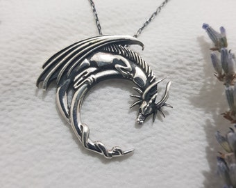 DRAGON and MOON NECKLACE 925 Sterling Silver, Dragon Pendant, Ouroboros Dragon Necklace, Mythological Jewelry, Gift For Him, Christmas Gift