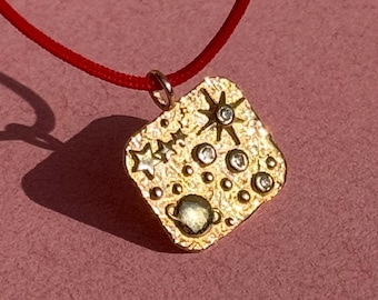 14k Solid Gold Celestial Necklace, Minimal Diamond Stars Charm
