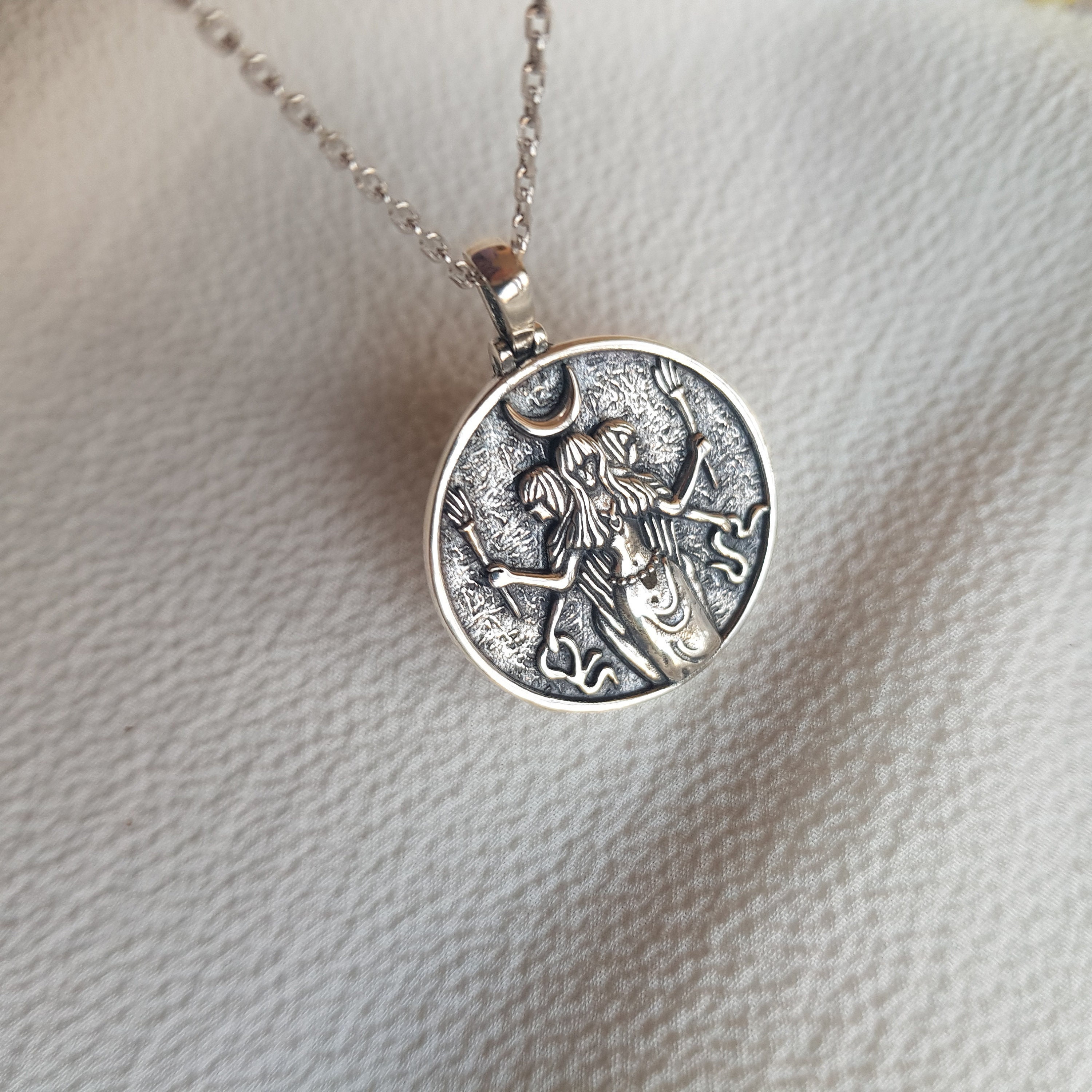 GODDESS HECATE 925 Silver Necklace, Mythologic Hekate Medallion, Ancient Greek Pendant, Witchcraft, Magic, Oxidized Silver, Express Shipping