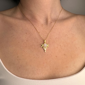 Moonstone Triple Moon Symbol Necklace, 925 Sterling Silver Witchy Hecate Pendant image 11