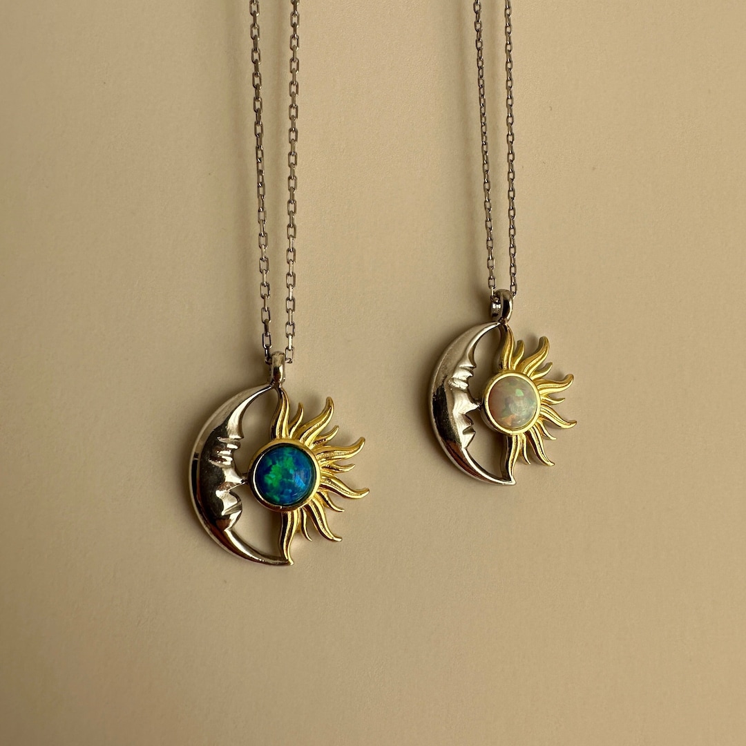 Opal Sun and Moon Necklace, 925 Sterling Silver Celestial Love Necklace ...