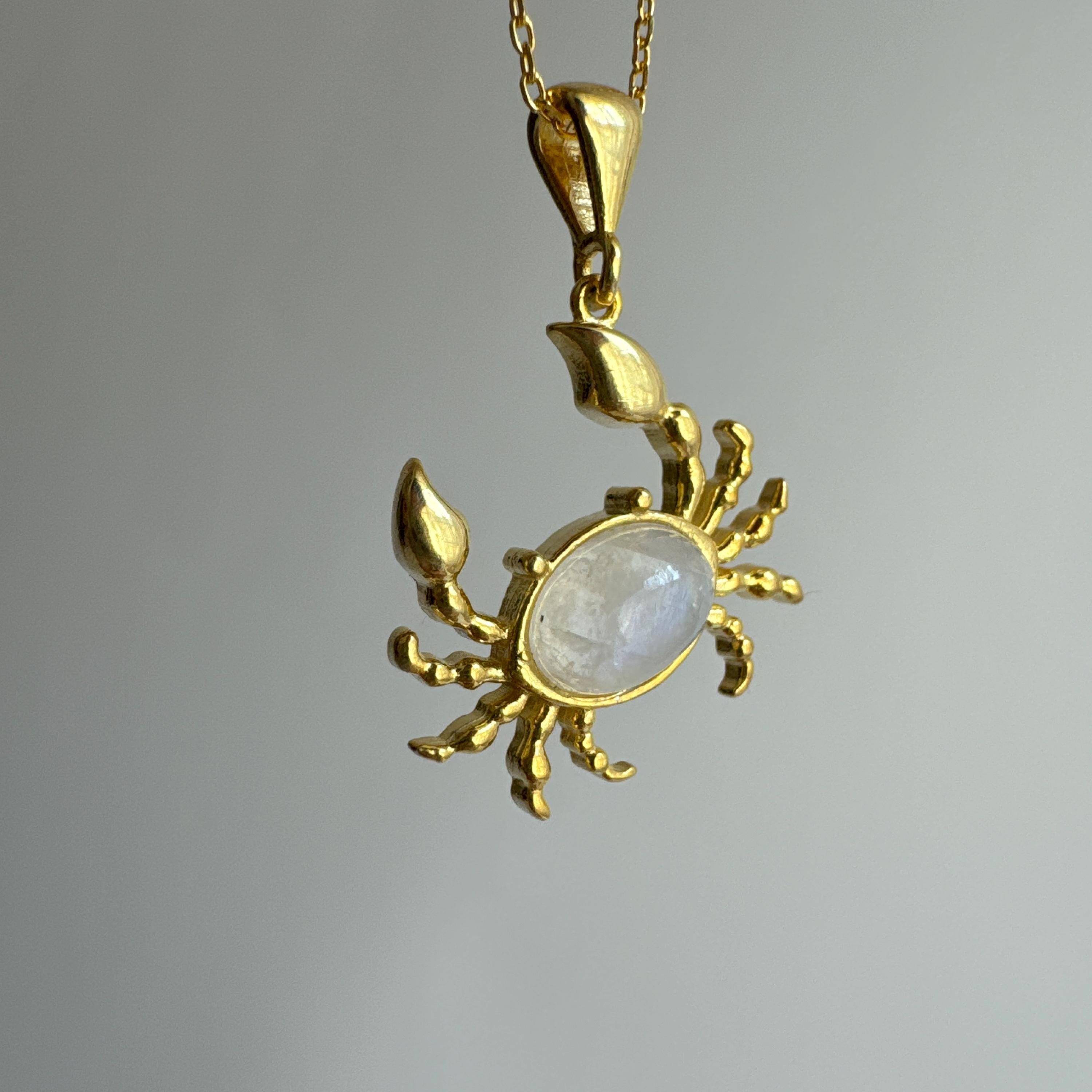 Natural Moonstone Crab Necklace, 14k Gold Plated 925 Sterling