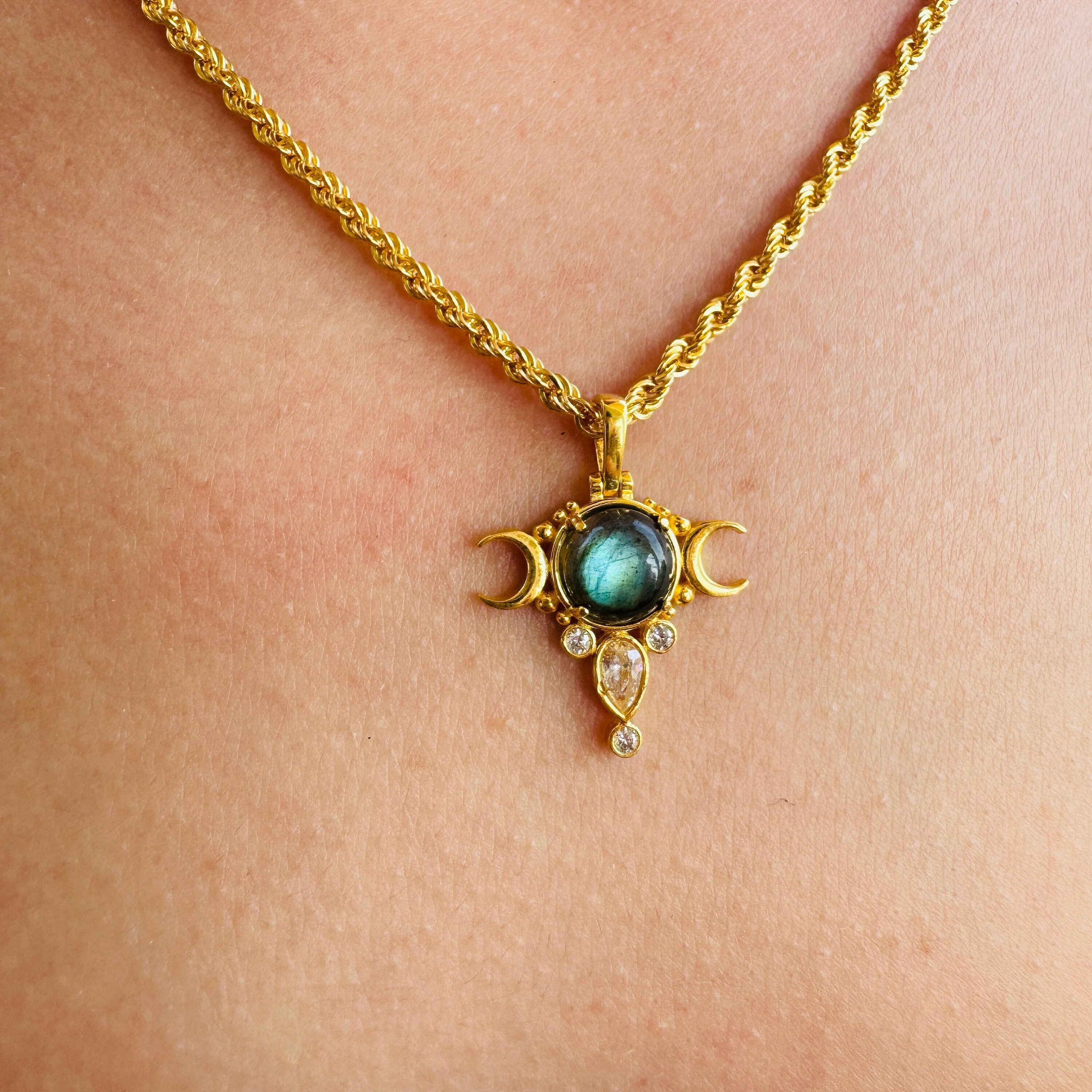 Collana Luna Nera Con Ciondolo Luminescente, Argento Tibetano, Vetro, Wicca Pagana, 51 Cm