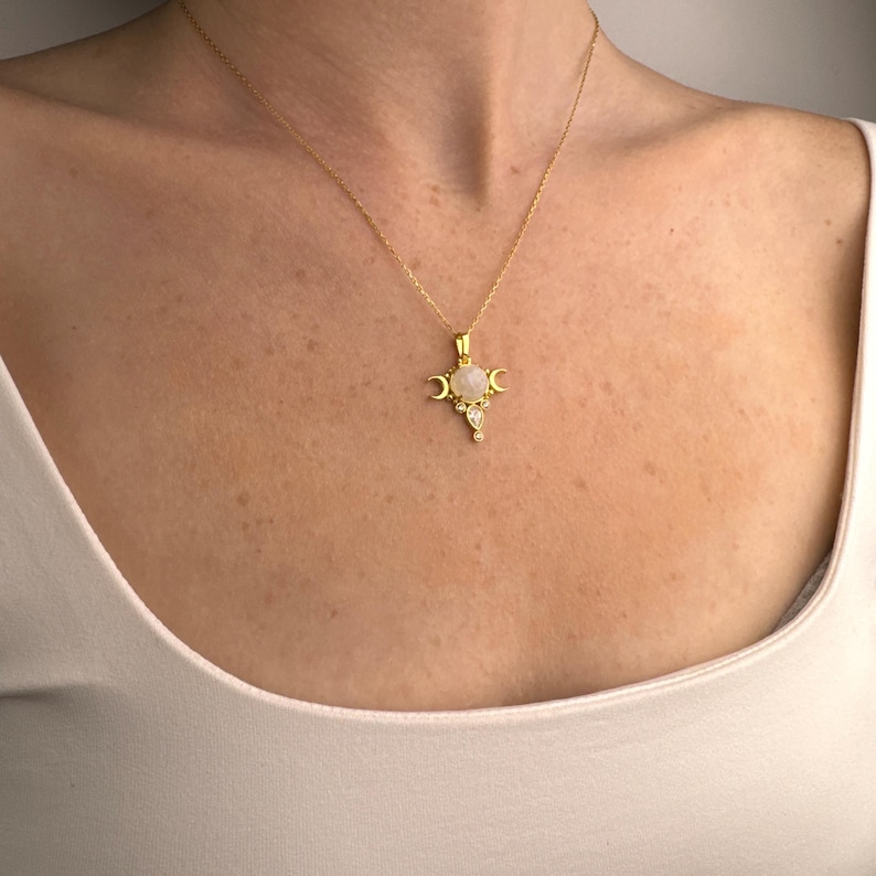 Moonstone Triple Moon Symbol Necklace, 925 Sterling Silver Witchy Hecate Pendant image 3