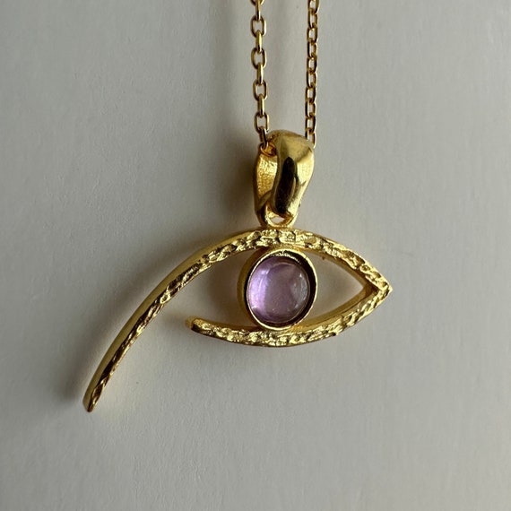 Amethyst Eye of Horus Necklace, 14k Gold Plated 925 Sterling Silver Minimal Eye Amulet