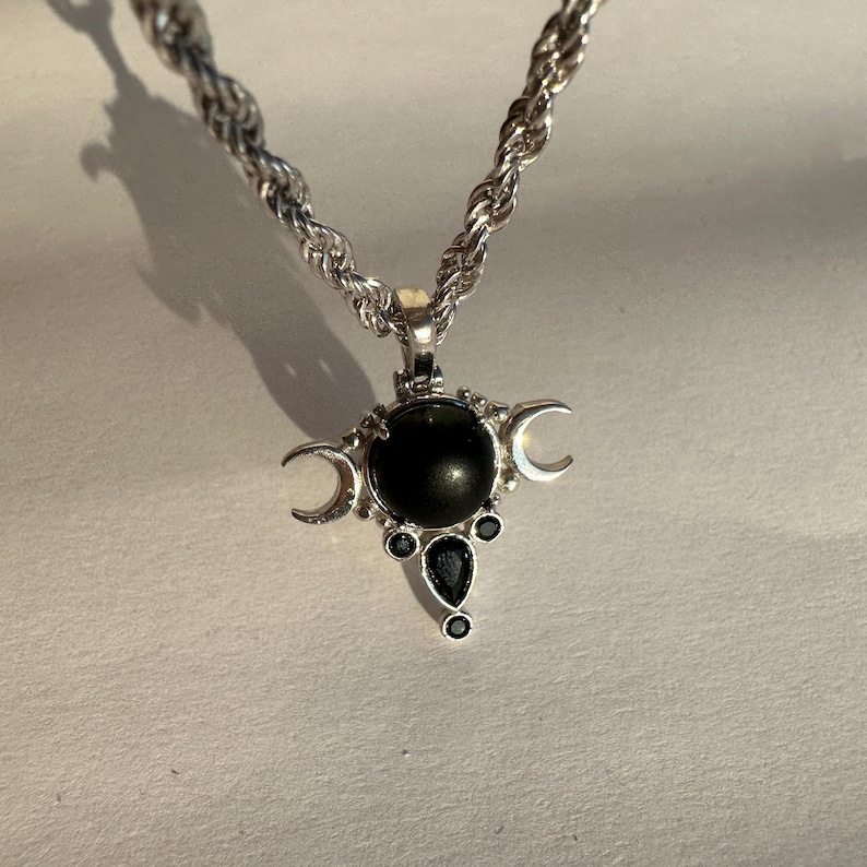 MOONSTONE TRIPLE MOON Necklace, 925 Sterling Silver Moon and Crescents Necklace, Handcrafted Hecate Symbol Pendant, Gothic Goddess Pendant